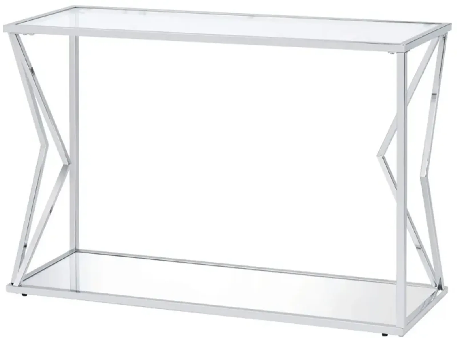 Sofa Table with Glass Top and Bottom Shelf and Geometric Accent, Silver-Benzara