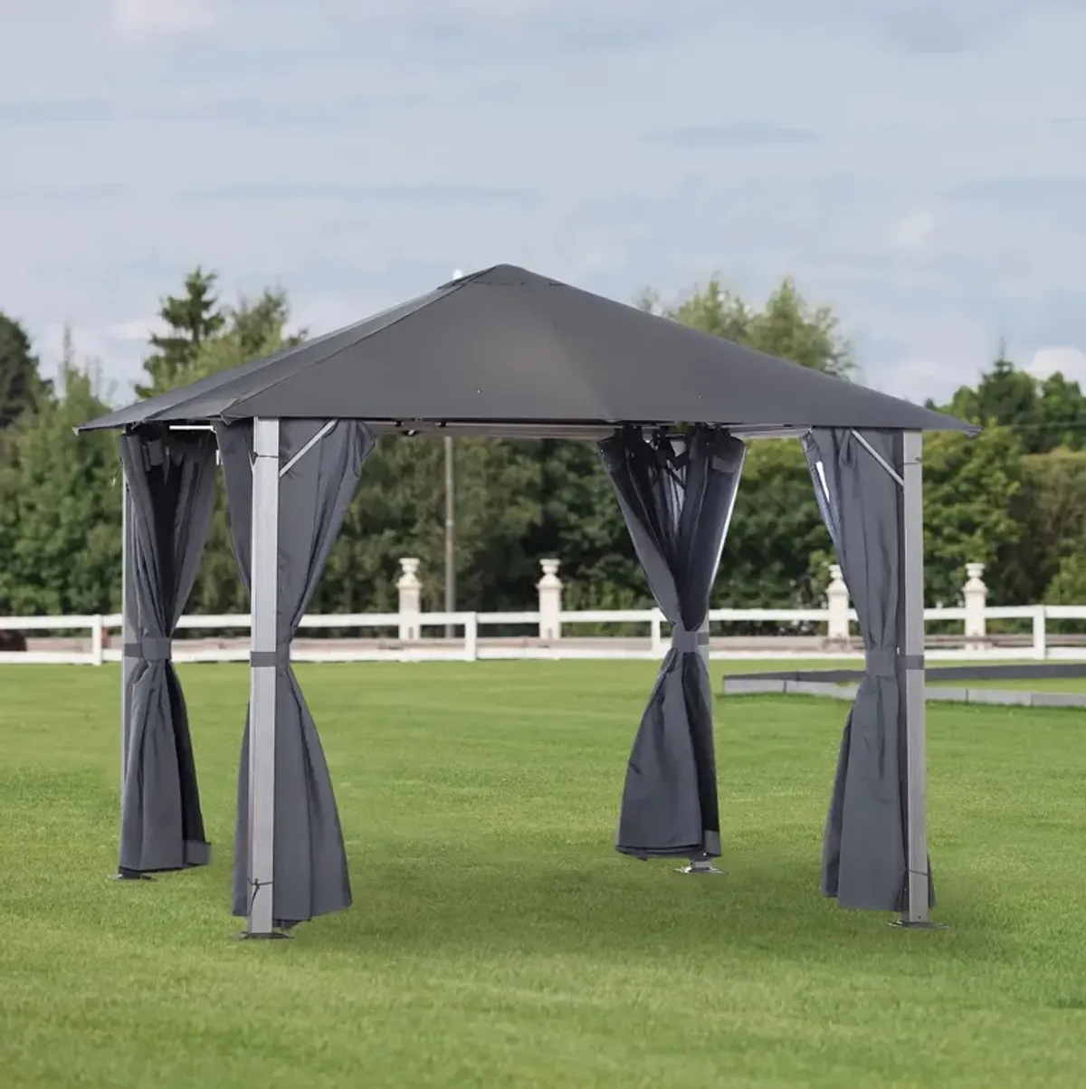 Dark Grey Haven: 10x10 Soft Top Gazebo with Mesh Walls & Curtains