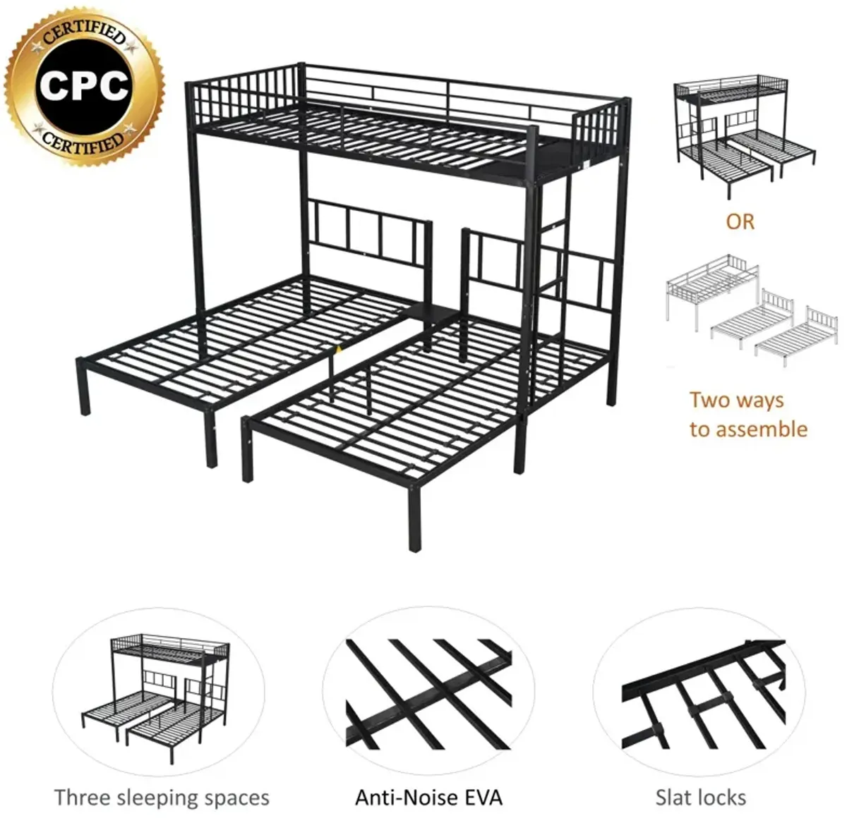 Triple Twin Bunk Bed, Can Be Separated Into 3 Twin Beds