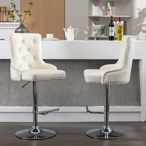 Swivel Velvet Bar Stools Adjustable Seat Height, Modern Upholstered Bar Stools with Backs Comfortable Tufted for Home Pub and Kitchen Island（Cream, Set of 2）