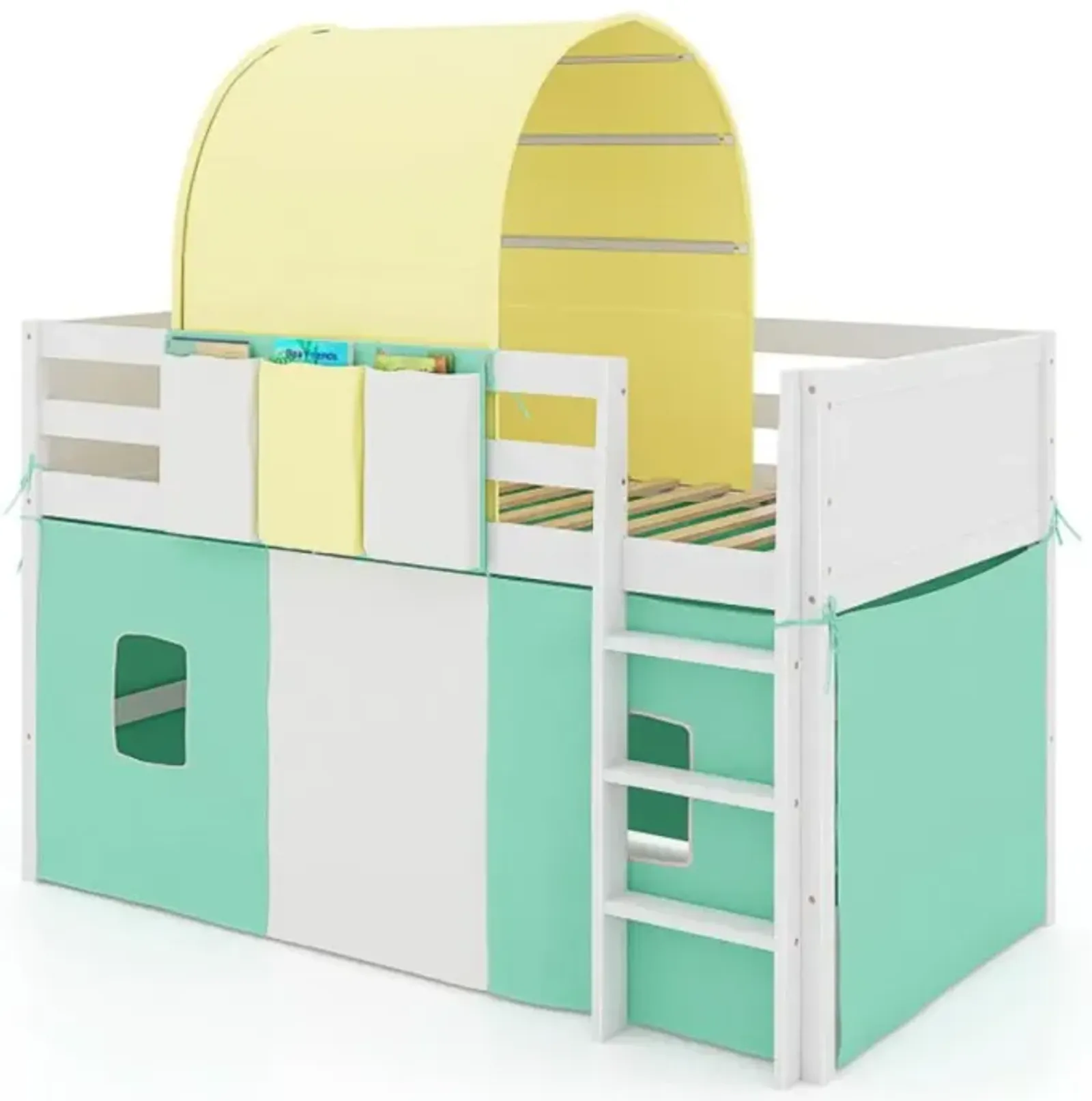 Hivvago Twin Size Loft Bed Playhouse Bed Frame with Tower Tent and 3 Storage Pockets