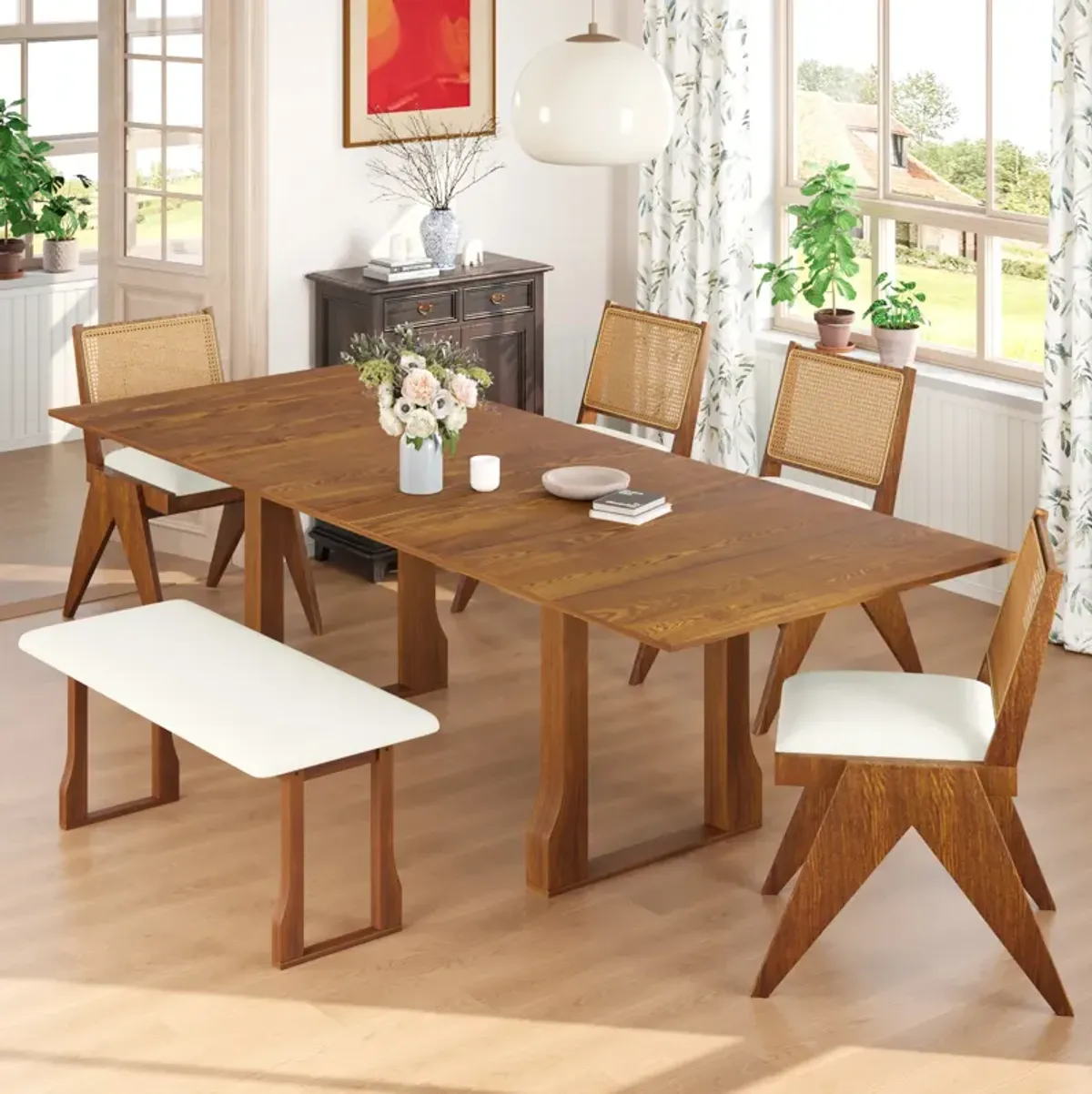 Merax Modern 6-Piece Extendable Dining Table Chairs Bench Set
