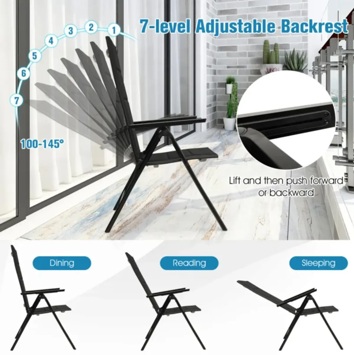 Hivvago Outdoor Dining Chair with Soft Padded Seat and 7-Position Adjustable Backrest