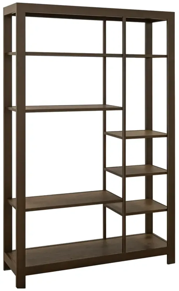 Loe Bookcase, 7 Shelves, Industrial Brown Wood Shelves, Metal 45 Inch