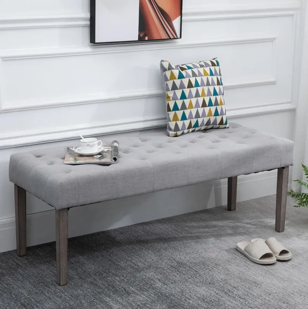 Simple Tufted Upholstered Ottoman Accent Bench with Soft Comfortable Cushion