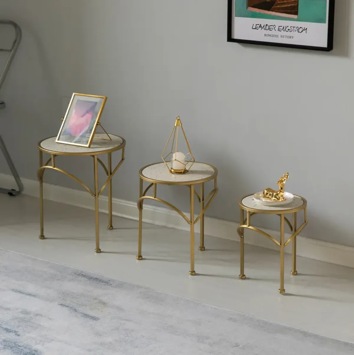 Decorative Gold Metal Round Plant Stand, Modern White Marble Look Top Display End Side Table, Set of 3