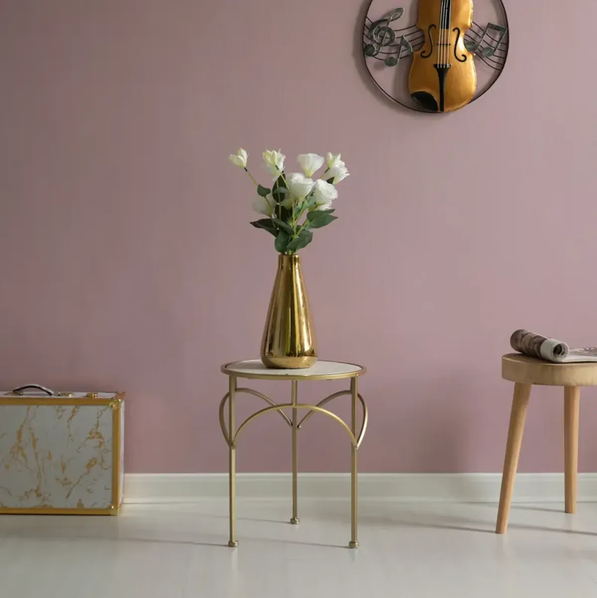 Decorative Gold Metal Round Plant Stand, Modern White Marble Look Top Display End Side Table, Set of 3