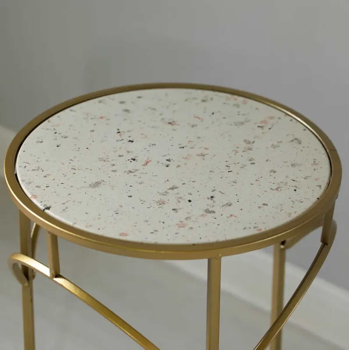 Decorative Gold Metal Round Plant Stand, Modern White Marble Look Top Display End Side Table, Set of 3