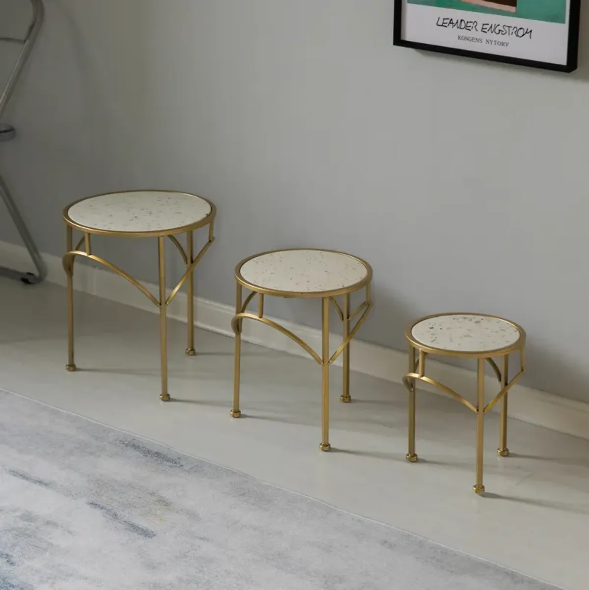 Decorative Gold Metal Round Plant Stand, Modern White Marble Look Top Display End Side Table, Set of 3