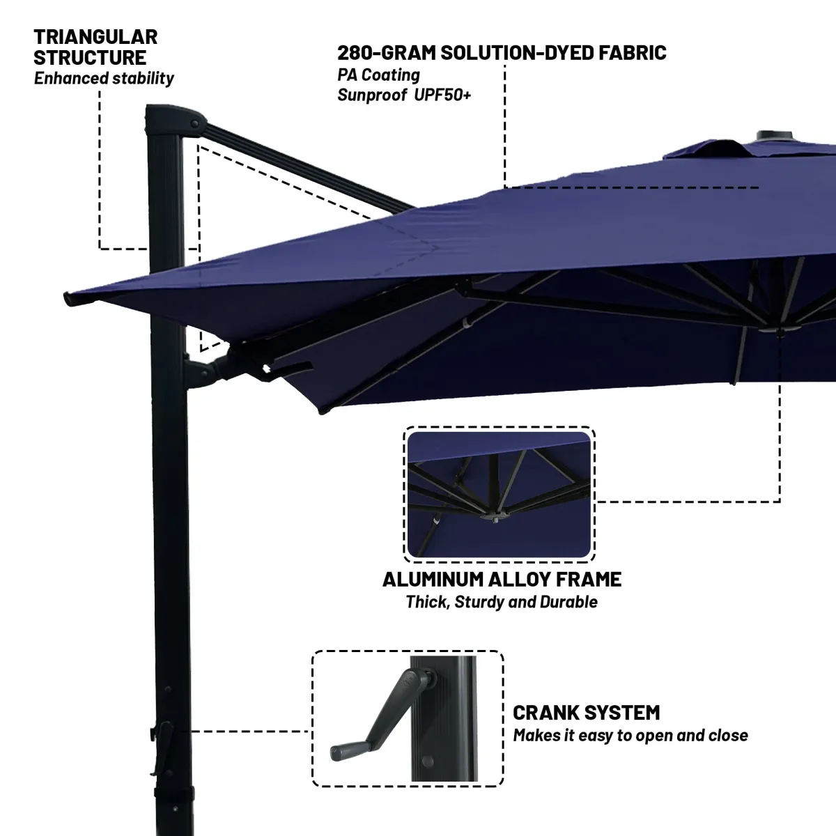 10 ft 360° Rotation Outdoor Patio Cantilever Umbrella Square with Base in Navy Blue