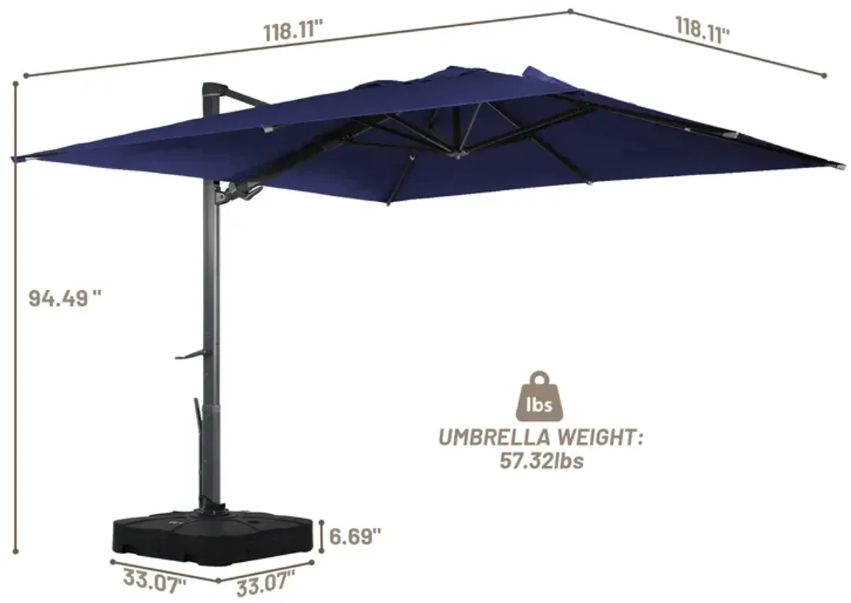 10 ft 360° Rotation Outdoor Patio Cantilever Umbrella Square with Base in Navy Blue