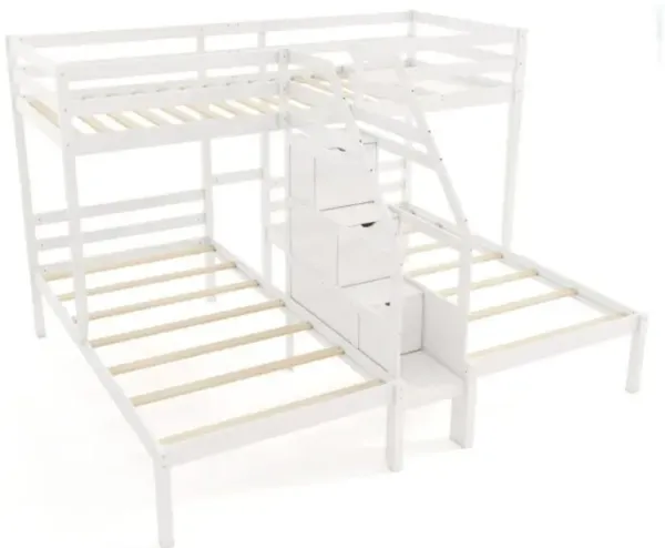 Hivvago Twin Over Twin and Twin Bunk Bed with Storage Staircase and Guardrail for 3 Kids Teens