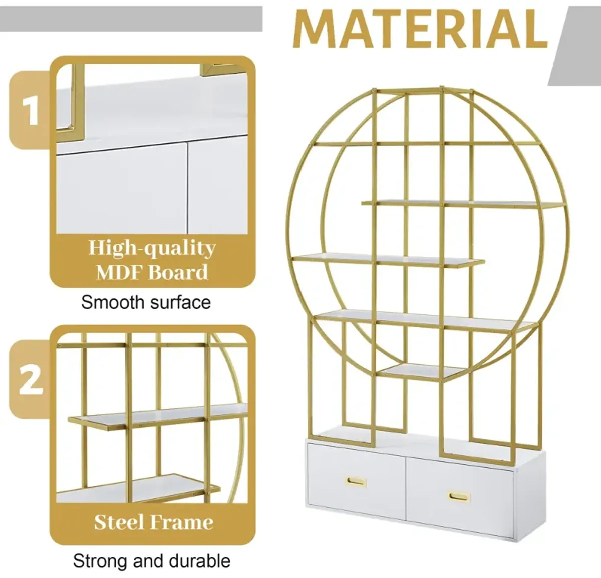 70.8 Inch Round Office Bookcase Bookshelf, Display Shelf, Two Drawers, Frame