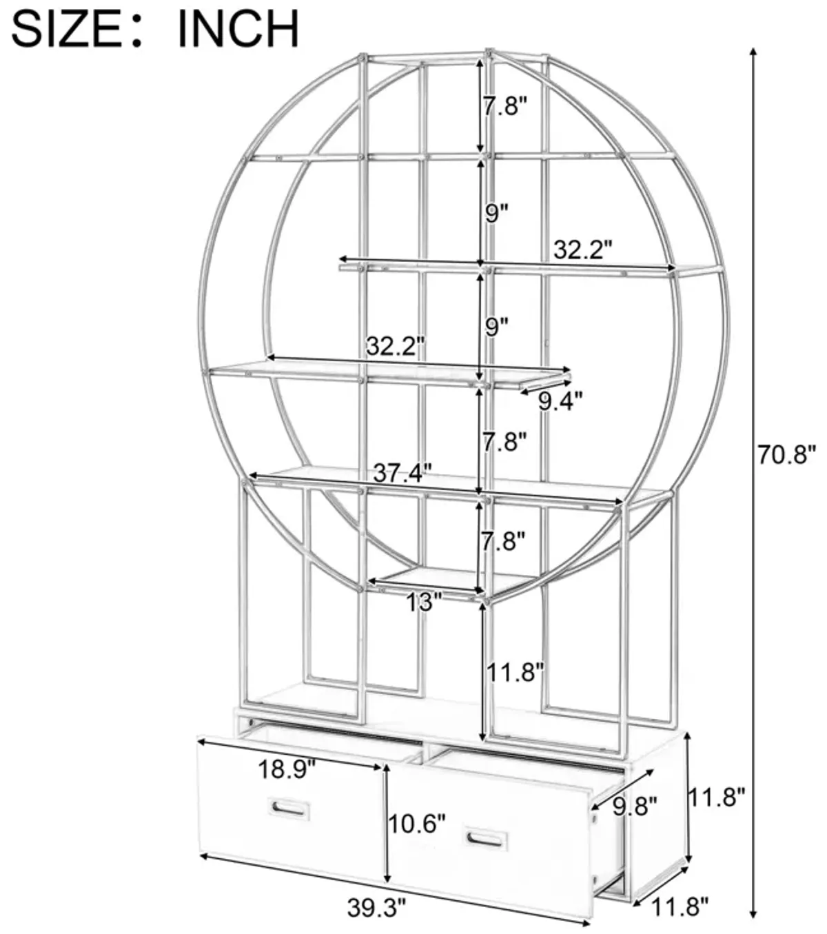 70.8 Inch Round Office Bookcase Bookshelf, Display Shelf, Two Drawers, Frame