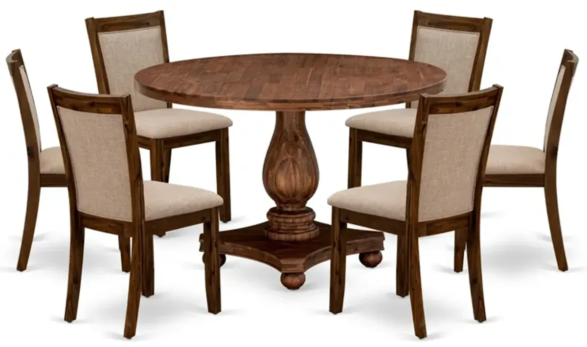 East West Furniture I2MZ7-N04 7-Piece Dinner Table Set - Round Modern Dining Table and 6 Light Tan Color Parson Wood Dining Chairs with High Back - Antique Walnut Finish