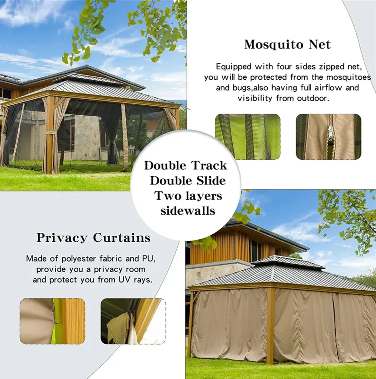 MONDAWE 12x14ft Hardtop Gazebo, Wooden Coated Aluminum Frame Canopy with Galvanized Steel Double Roof, Outdoor Permanent Metal Pavilion with Curtains and Netting for Patio, Deck and Lawn(Wood-Looking)