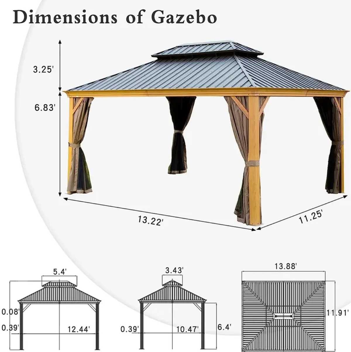 MONDAWE 12x14ft Hardtop Gazebo, Wooden Coated Aluminum Frame Canopy with Galvanized Steel Double Roof, Outdoor Permanent Metal Pavilion with Curtains and Netting for Patio, Deck and Lawn(Wood-Looking)