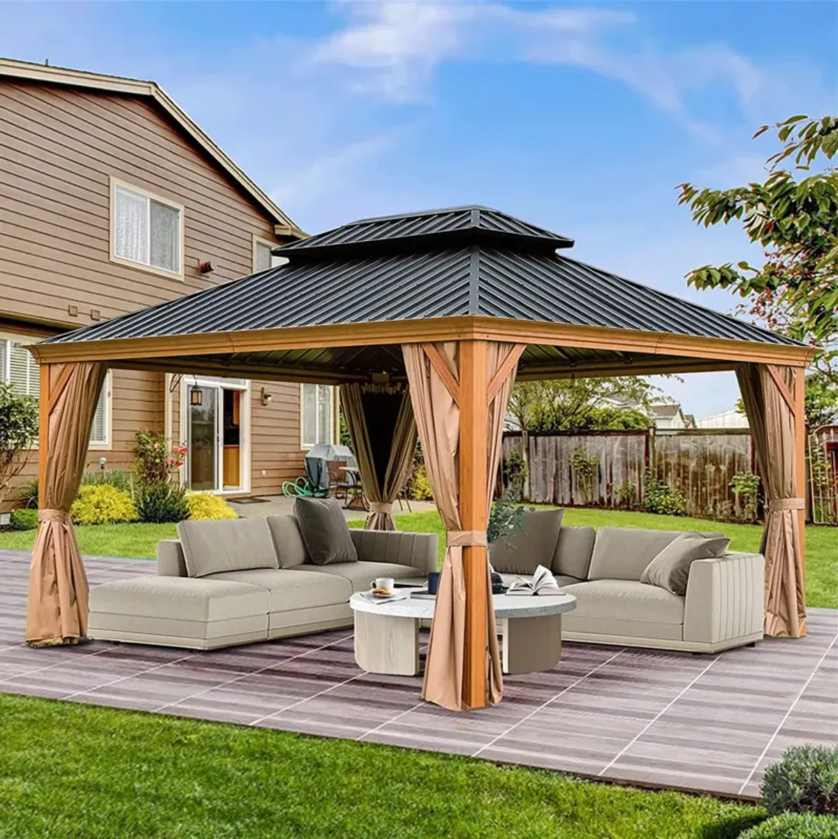 MONDAWE 12x14ft Hardtop Gazebo, Wooden Coated Aluminum Frame Canopy with Galvanized Steel Double Roof, Outdoor Permanent Metal Pavilion with Curtains and Netting for Patio, Deck and Lawn(Wood-Looking)