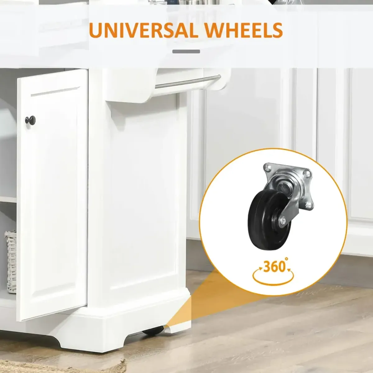 White Wheeled Prep Station: Mobile Kitchen Island with Steel Top & Spice Rack