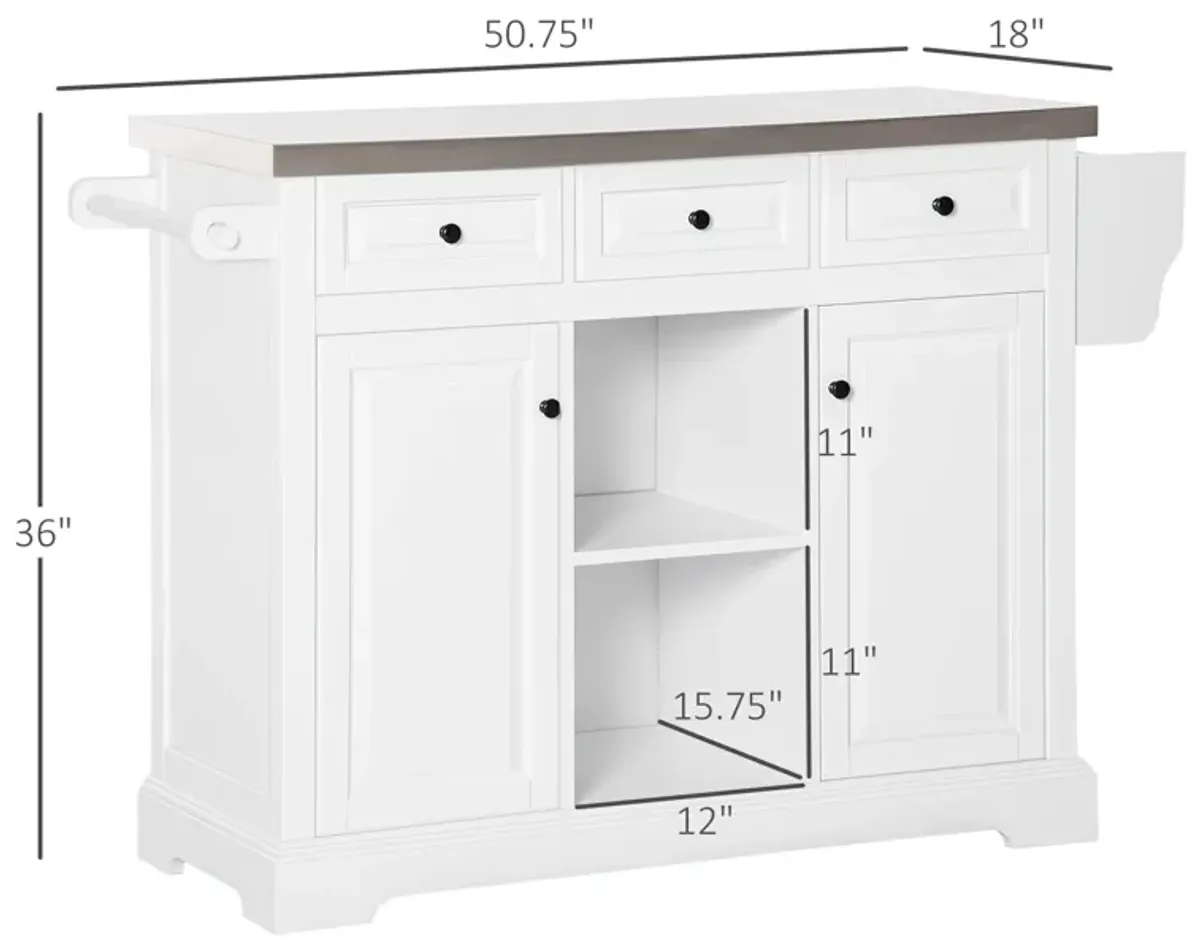 White Wheeled Prep Station: Mobile Kitchen Island with Steel Top & Spice Rack