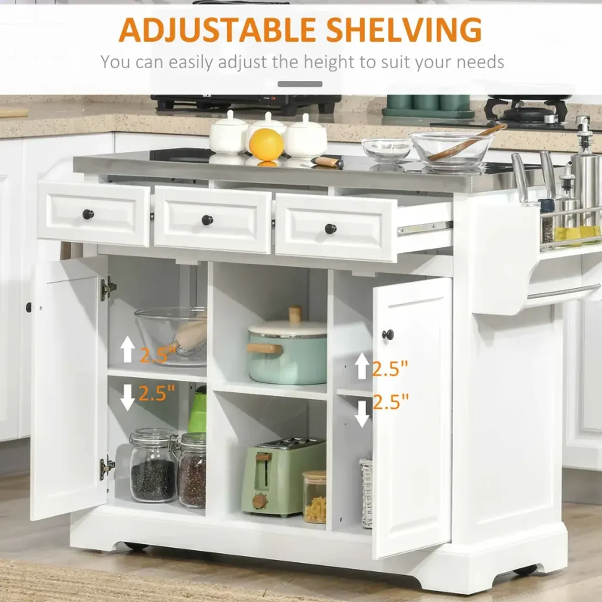 White Wheeled Prep Station: Mobile Kitchen Island with Steel Top & Spice Rack