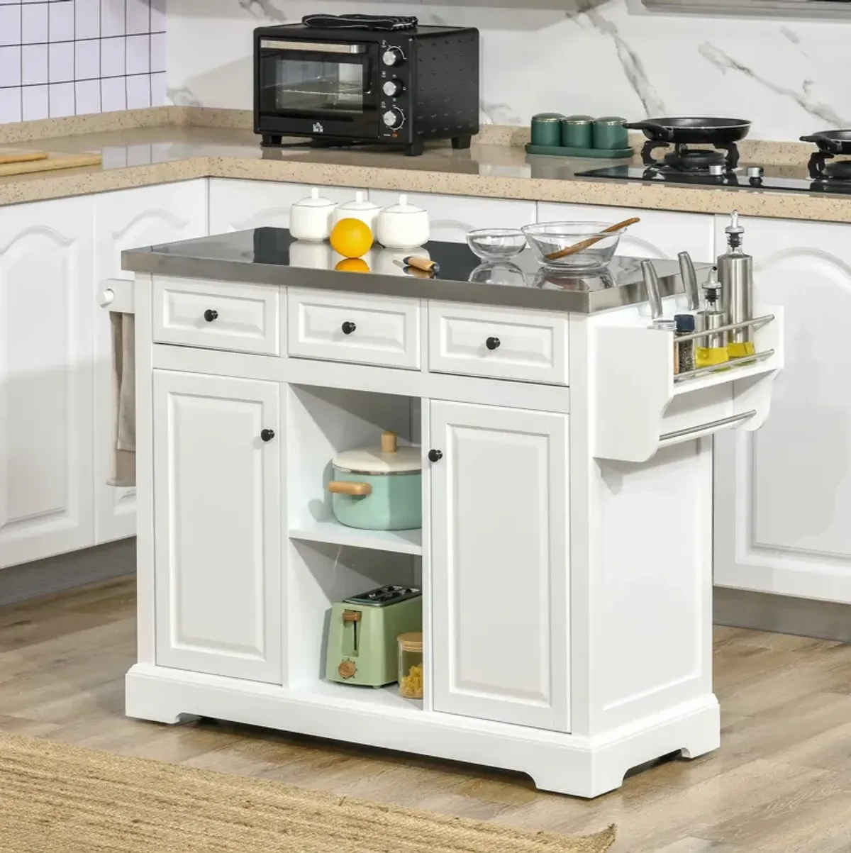 White Wheeled Prep Station: Mobile Kitchen Island with Steel Top & Spice Rack