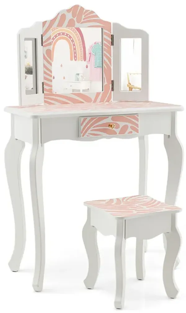 2-in-1 Kids Vanity Table Set with Tri-folding Mirror-Pink