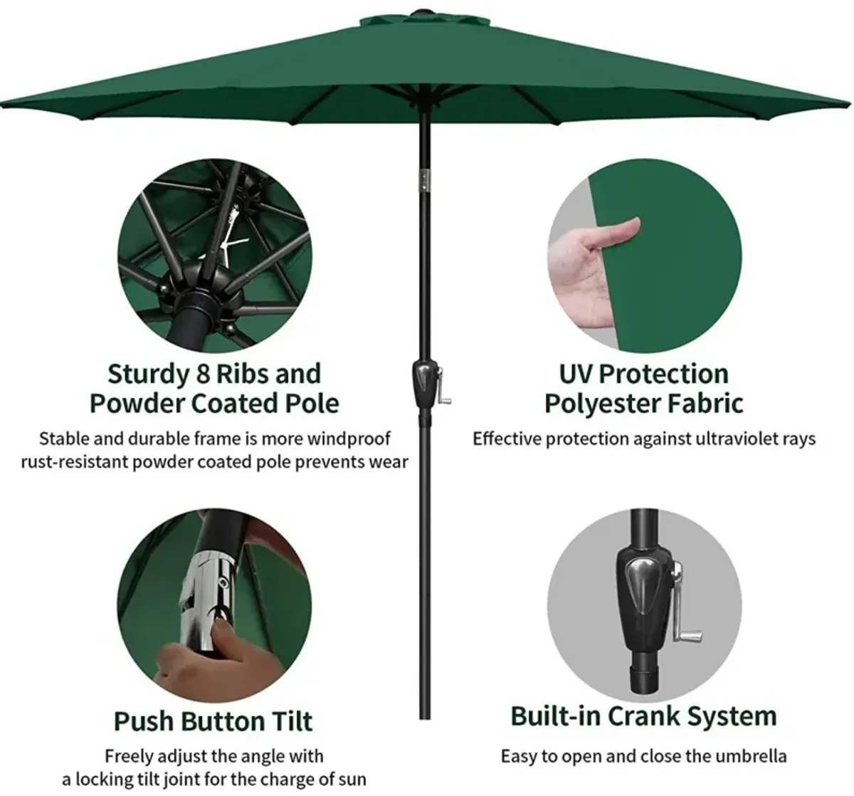 9 ft Outdoor Market Table Patio Umbrella with Button Tilt, Crank and 8 Sturdy Ribs for Garden