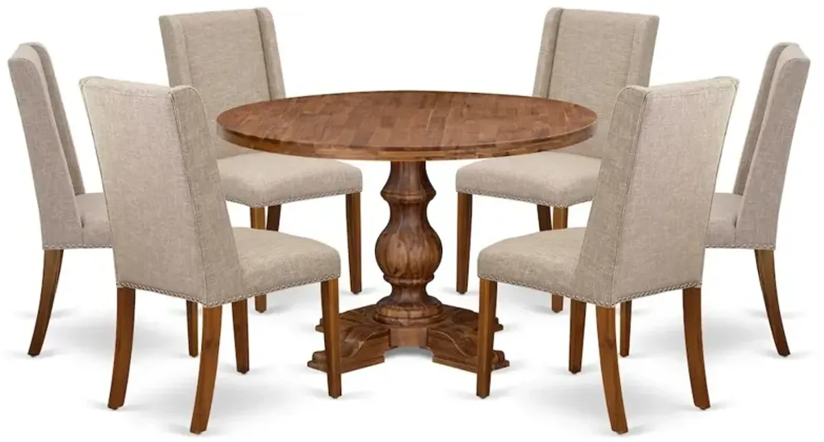 7-Piece Dining Table A Wooden Table And 6 Light Tan Linen Fabric Dining Chair