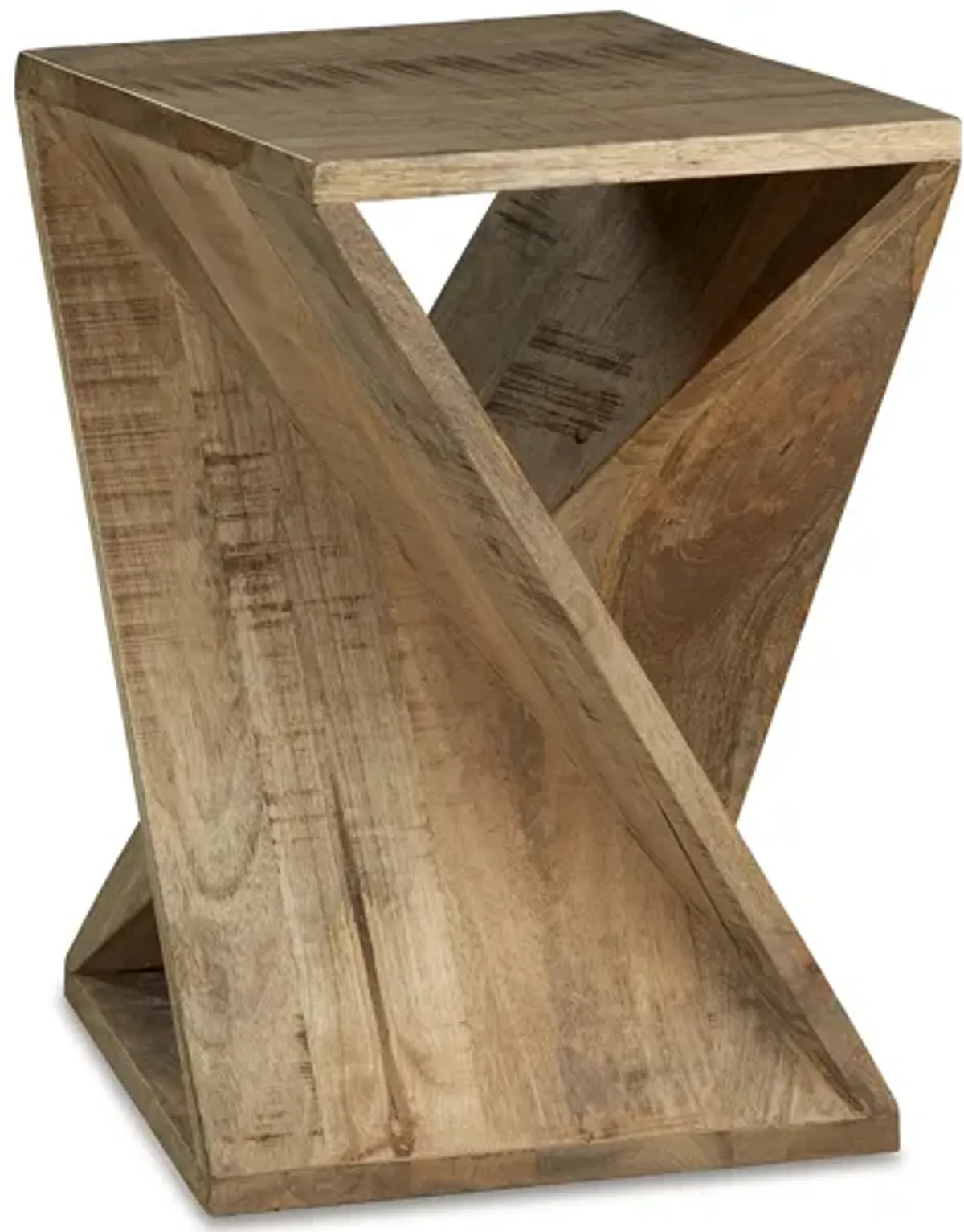 Axoi Accent Side End Table, Solid Wood Twist, 14 Inch Distressed Brown - Benzara