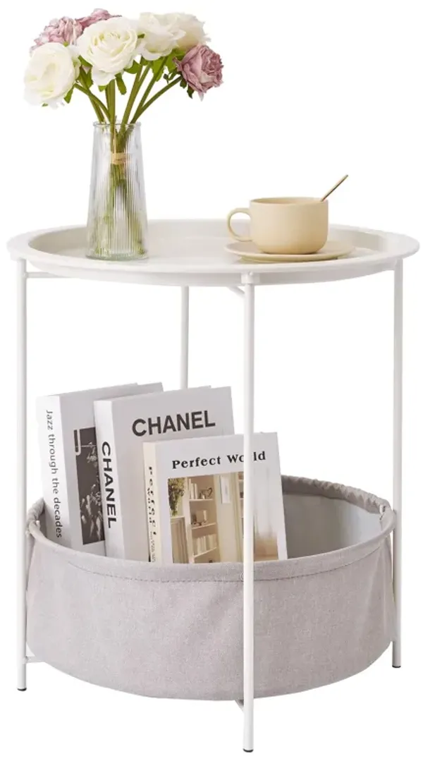VECELO Round Side/End Table with Fabric Storage Basket