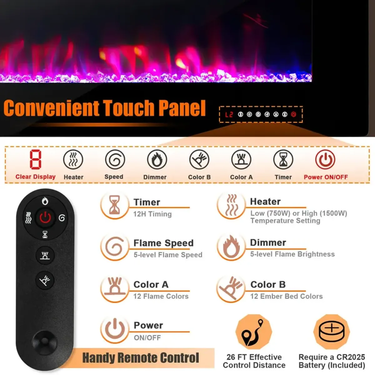 Ultra-Thin Electric Fireplace with Decorative Crystal Display