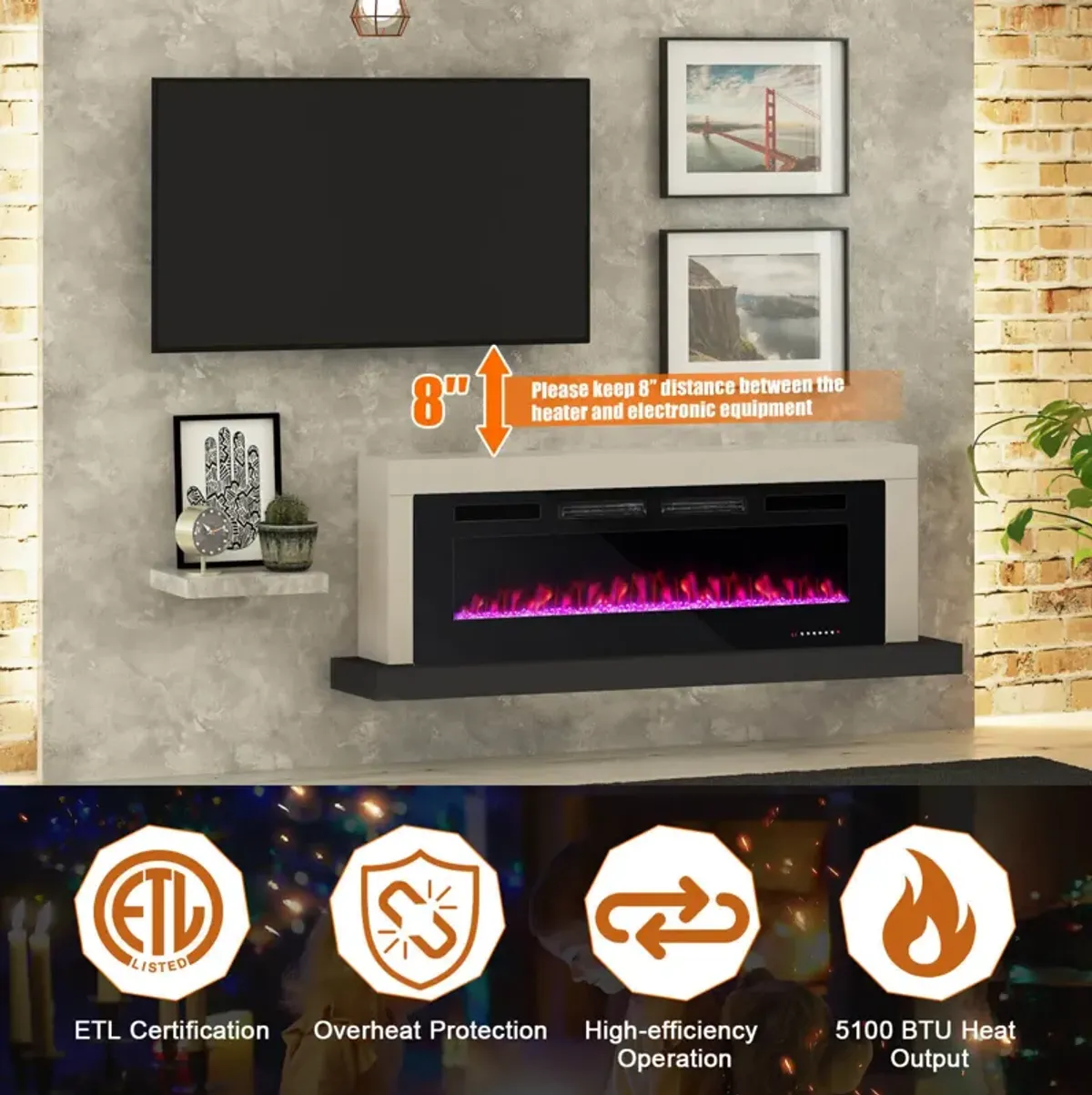 Ultra-Thin Electric Fireplace with Decorative Crystal Display