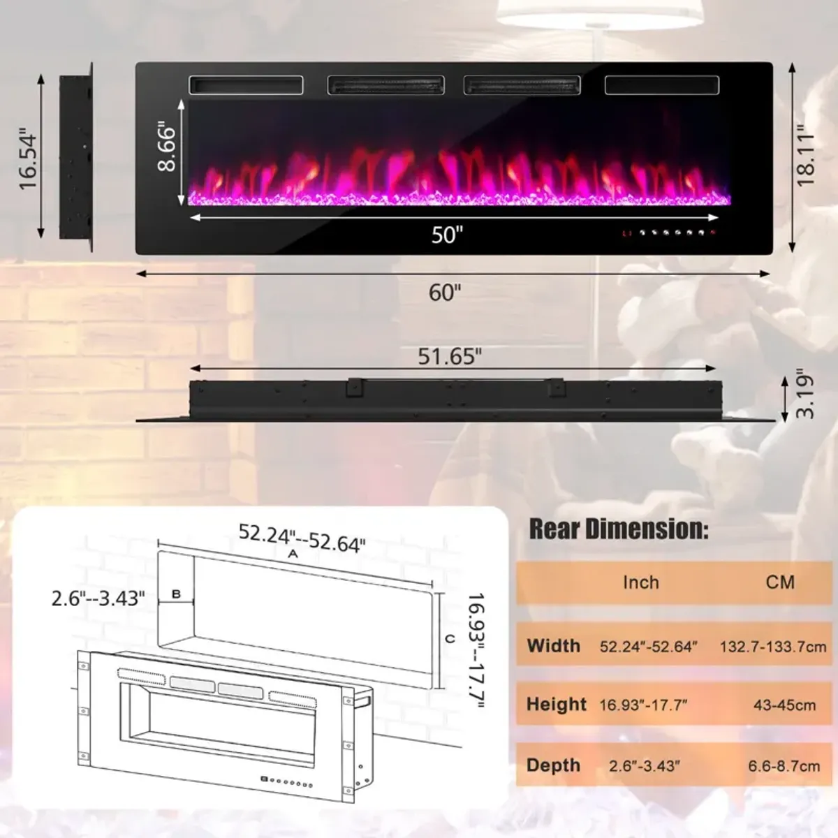 Ultra-Thin Electric Fireplace with Decorative Crystal Display