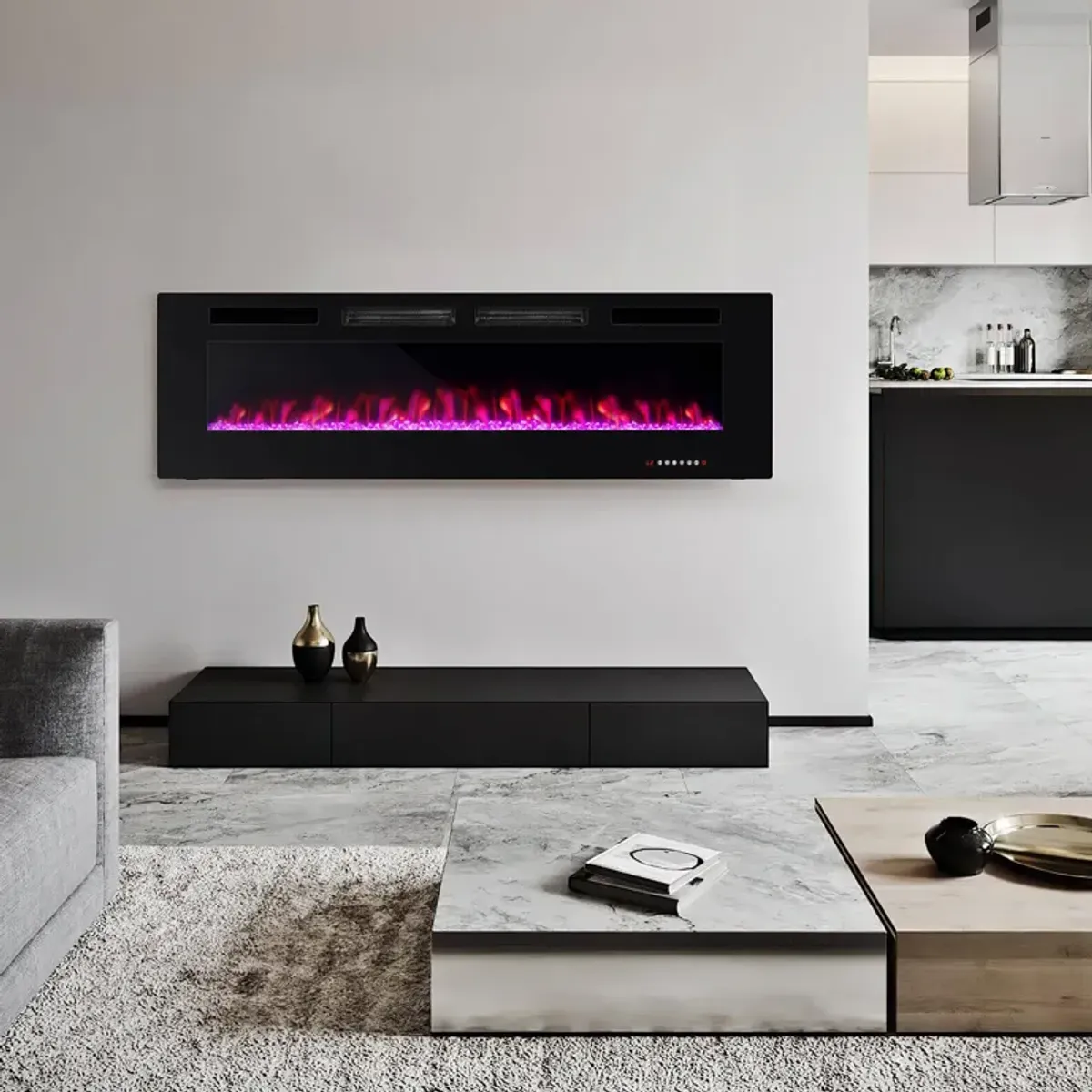 Ultra-Thin Electric Fireplace with Decorative Crystal Display