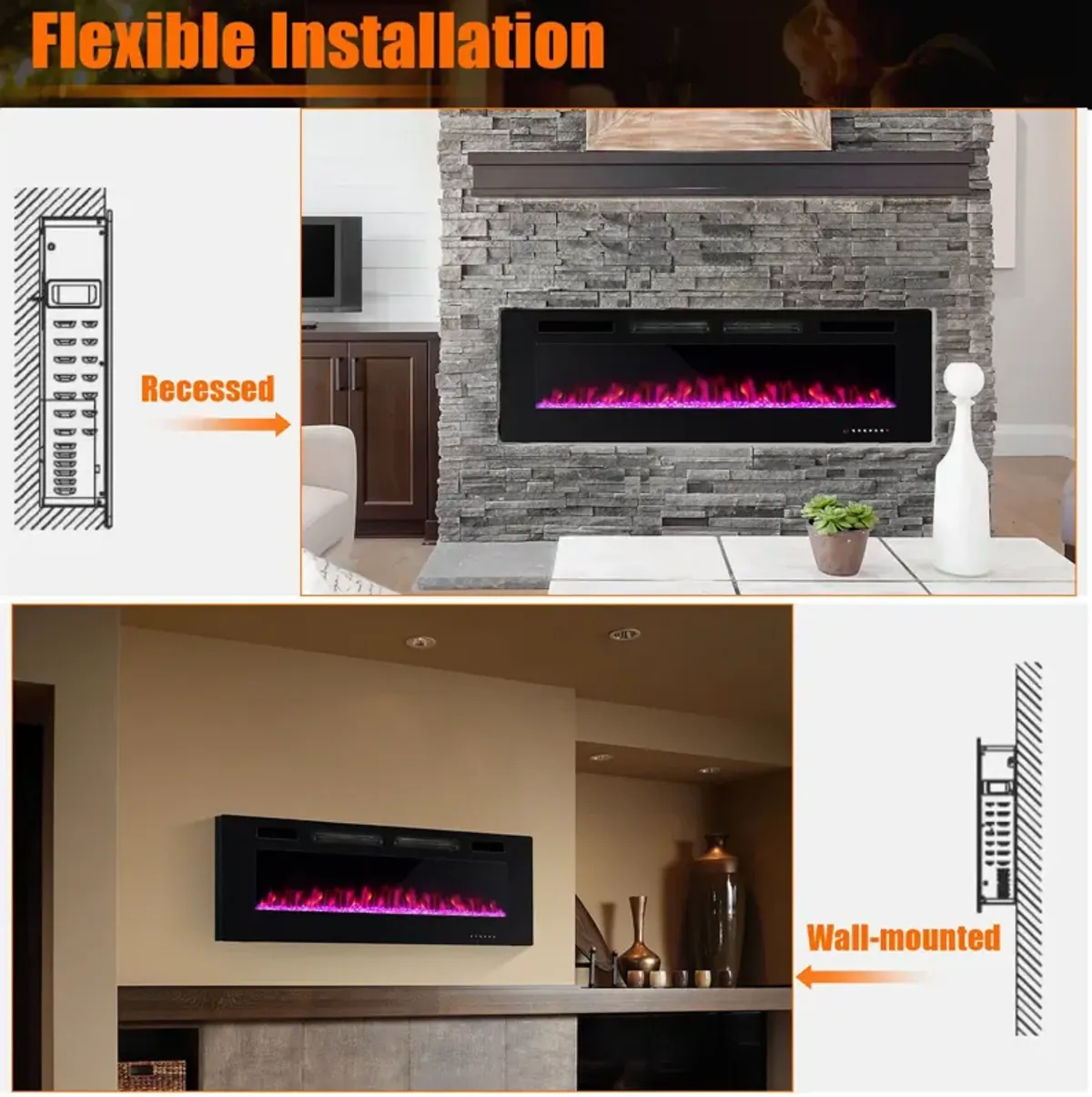 Ultra-Thin Electric Fireplace with Decorative Crystal Display