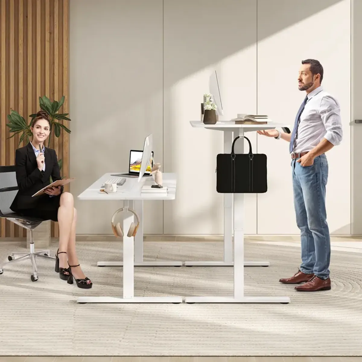 Electric Standing Work Desk with 3 Memory Heights, Cable Management, and Hanging Hooks