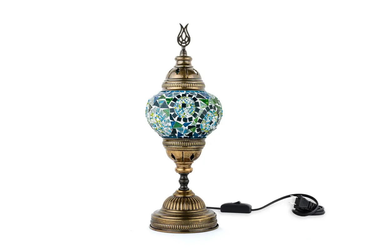 14.5 in. Handmade Turquoise Circles Mosaic Glass Table Lamp with Brass Color Metal Base