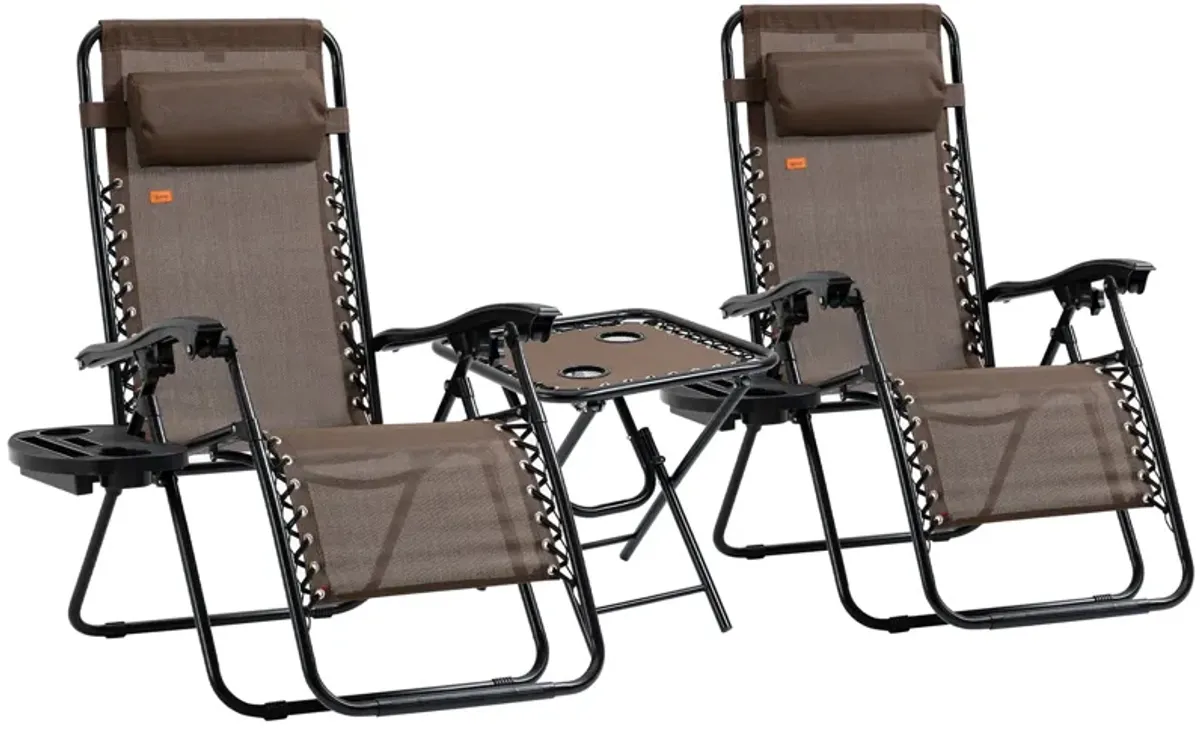 Brown Outdoor Relaxation: 3-Piece Zero Gravity Chair Set with Table