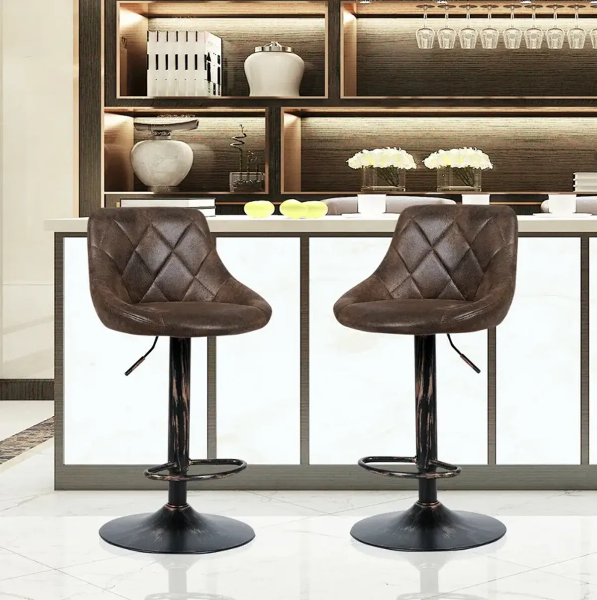 Set of 2 Adjustable Bar Stools with Backrest and Footrest