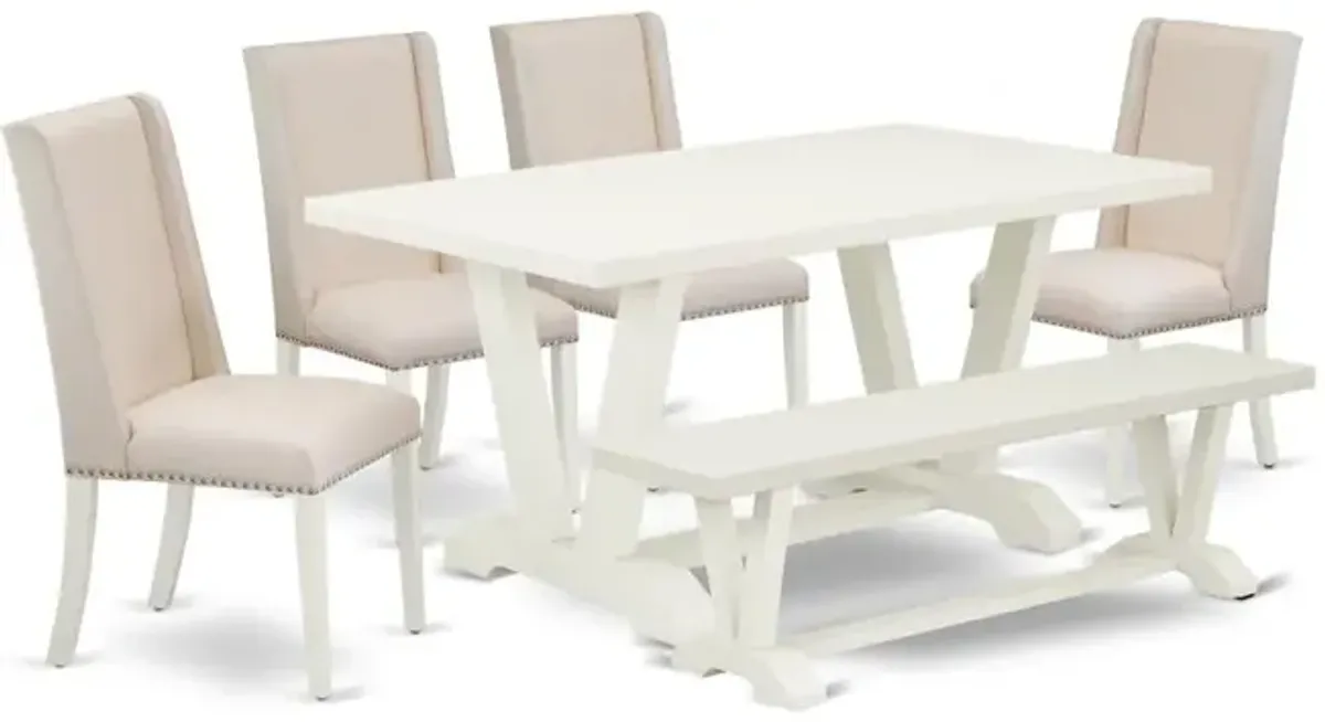 East West Furniture 6-Piece Dinette Set-Cream Color Linen Fabric Seat and High Stylish Chair Back Kitchen chairs, a Rectangular Bench and Rectangular Top Kitchen Table with Solid Wood Legs - Linen Whi
