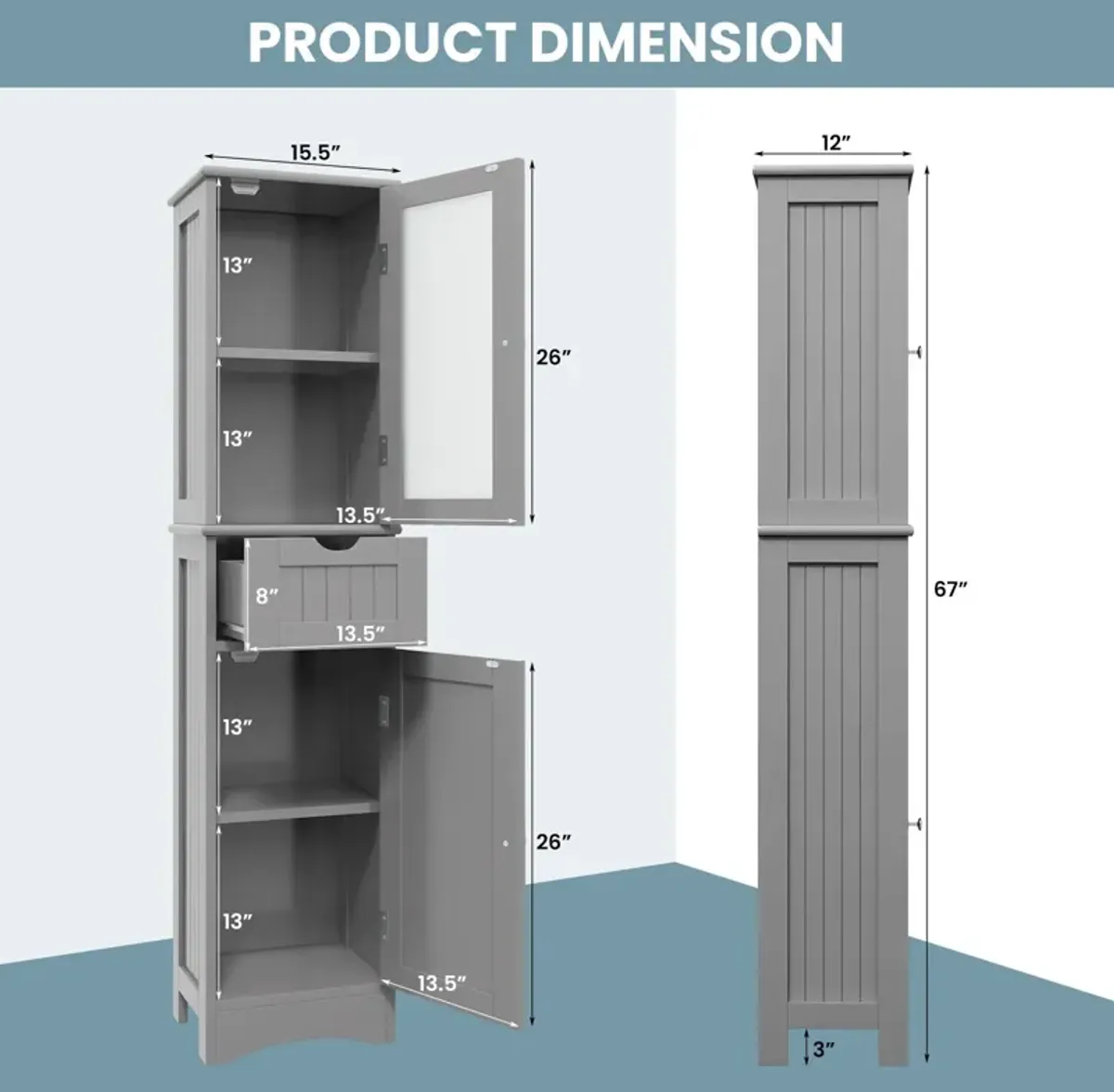 Tall Floor Storage Cabinet with 2 Doors and 1 Drawer for Bathroom