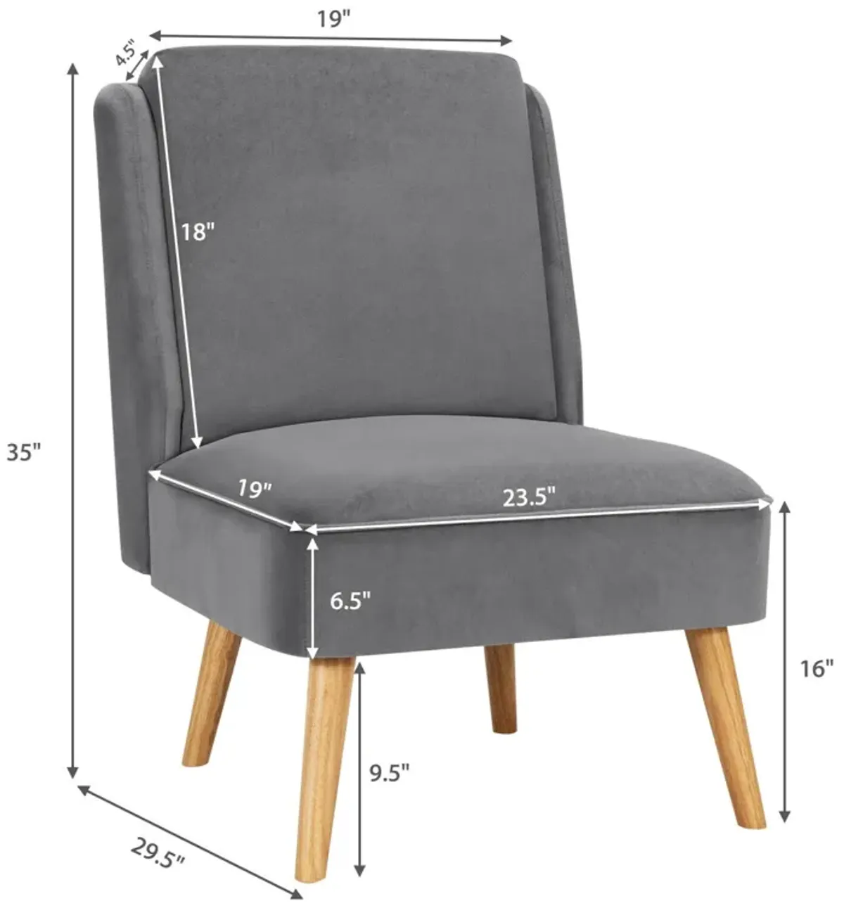 Velvet Accent Armless Side Chair with Rubber Wood Legs for Bedroom