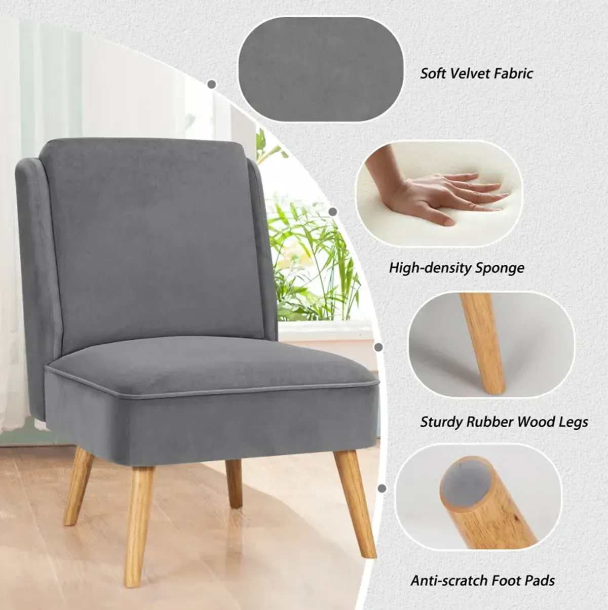 Velvet Accent Armless Side Chair with Rubber Wood Legs for Bedroom