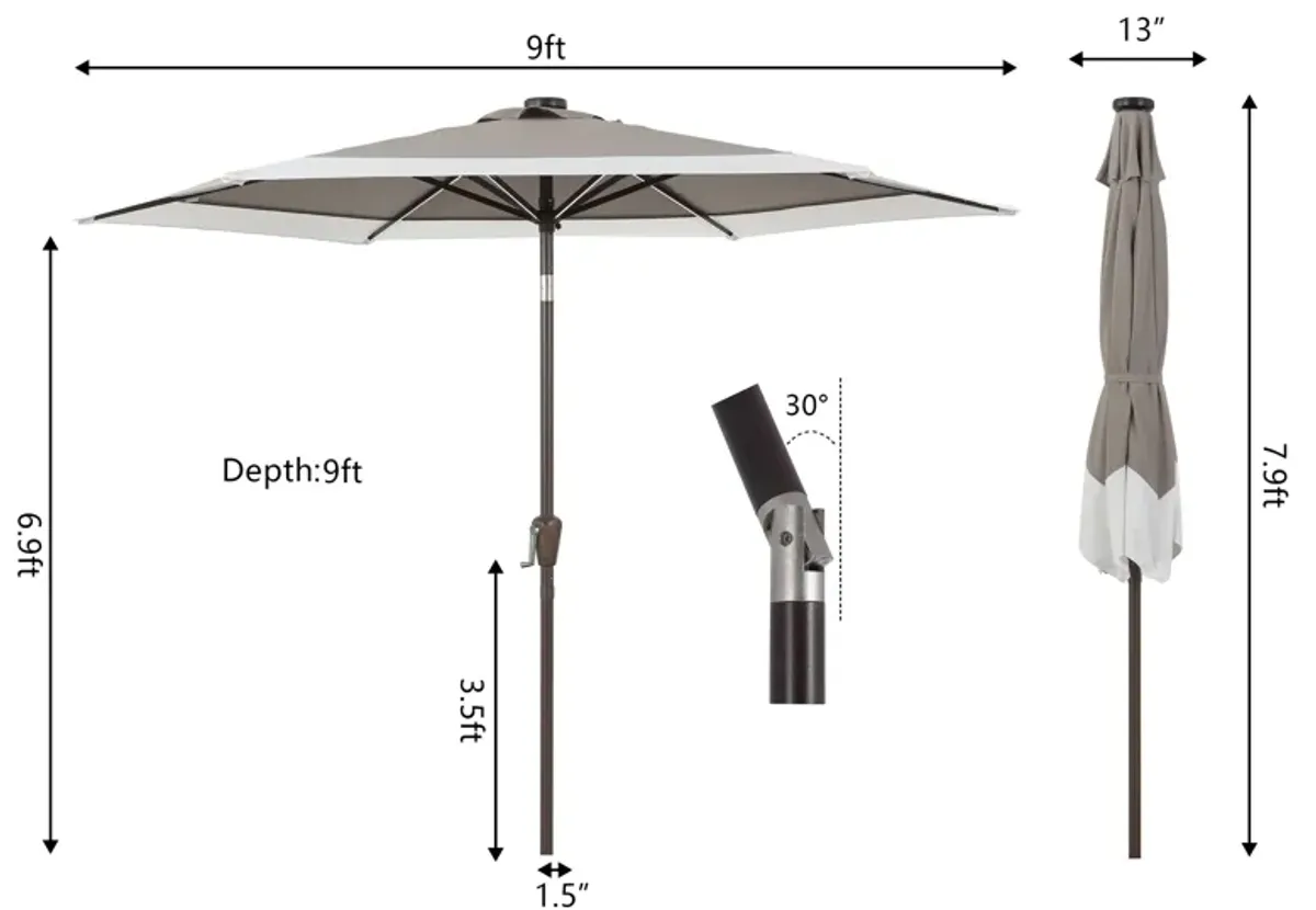 Spencer Classic Coastal 2-Tone Solar LED Market Patio Umbrella with 12 LED Strip Lights, Auto-Tilt, Crank and UV Protection
