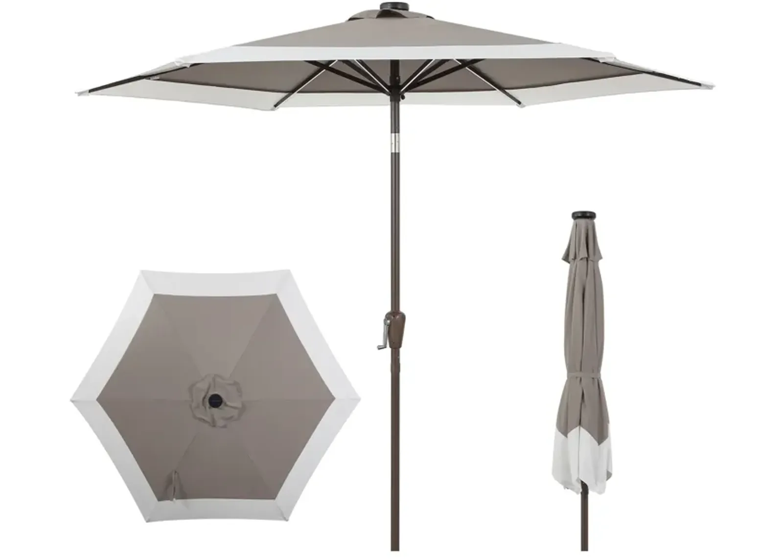 Spencer Classic Coastal 2-Tone Solar LED Market Patio Umbrella with 12 LED Strip Lights, Auto-Tilt, Crank and UV Protection