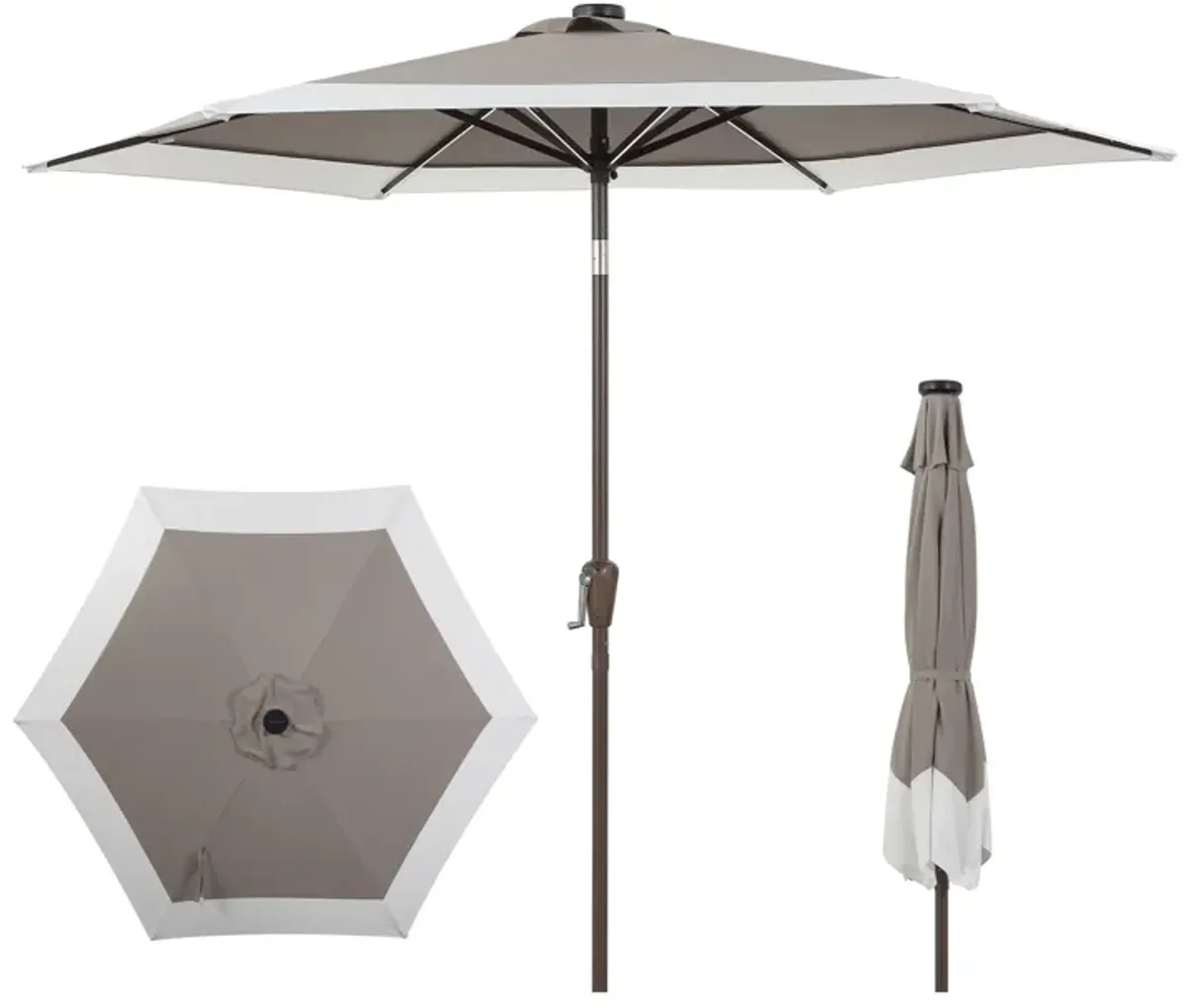 Spencer Classic Coastal 2-Tone Solar LED Market Patio Umbrella with 12 LED Strip Lights, Auto-Tilt, Crank and UV Protection