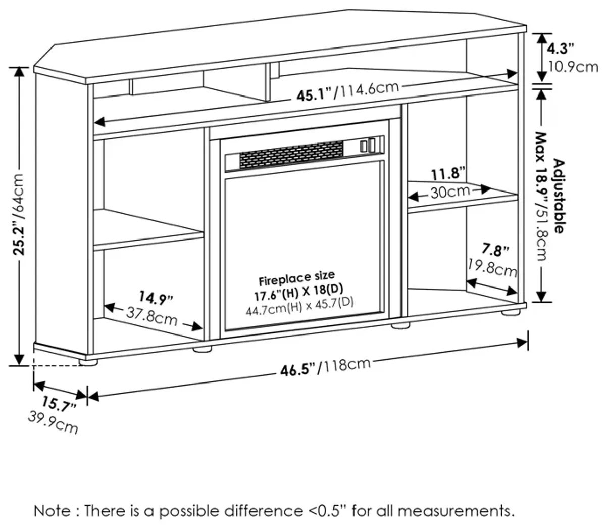 Furinno Furinno Jensen Corner TV Stand with Fireplace for TV up to 55 Inches, Americano