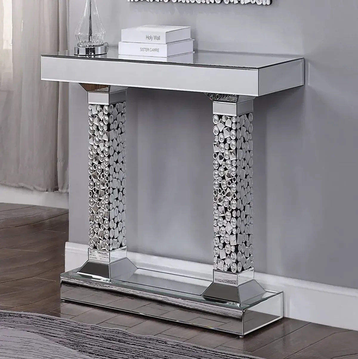 Wood and Mirror Pedestal Base Console Table