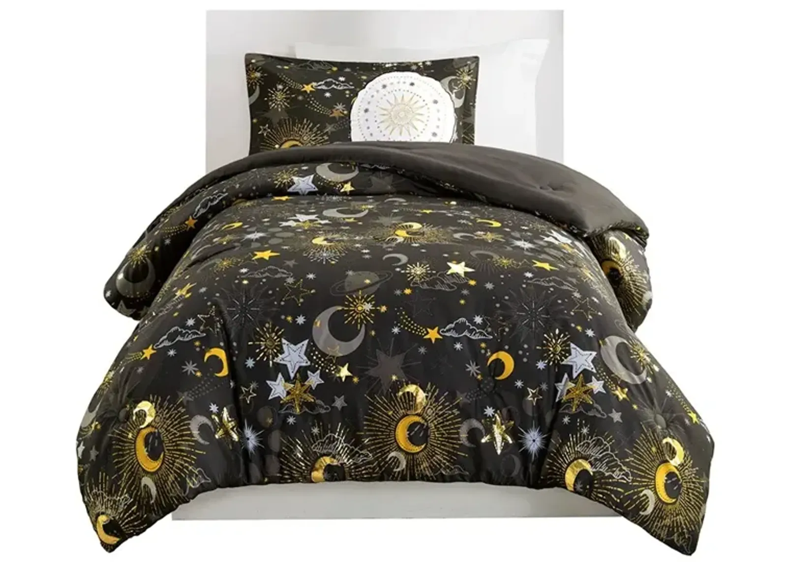 Gracie Mills Dervan Celestial Dreams Starry Sky Metallic Comforter Set with Enchanting Throw Pillow